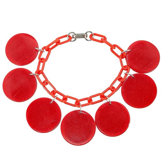 Vintage Chunky Bold Red Galalith Disk Charms Bracelet On Plastic Chain Geo Mod - Picture 2 of 8